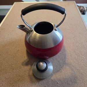 Copco Tea Kettle Stovetop Red Enamel Stainless Steel Round Silver Good Condition